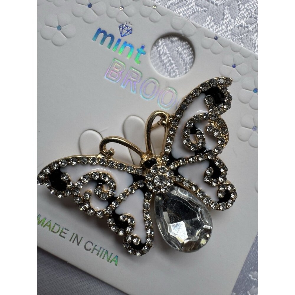Mint Enamel Rhinestone Butterfly Brooch Black White Gold Silver 1.2" NEW